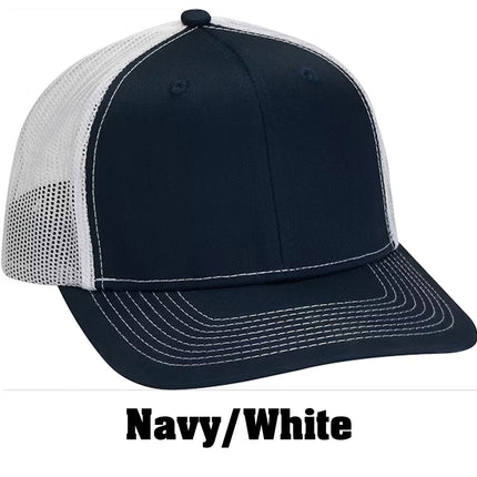 Value Leather Patch Hat – Adams PV112 Trucker Cap with Engraved Logo (Vegan or Genuine Leather)