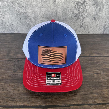 American Flag Hat, Distressed Flag Leather Patch, Richardson 112 Trucker Cap, Patriotic Hat for Men, USA Trucker Hat - Patch Palooza
