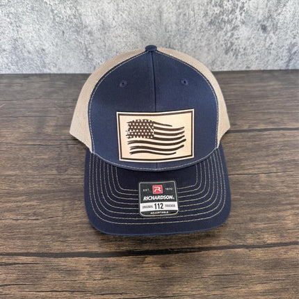 American Flag Hat, Distressed Flag Leather Patch, Richardson 112 Trucker Cap, Patriotic Hat for Men, USA Trucker Hat - Patch Palooza