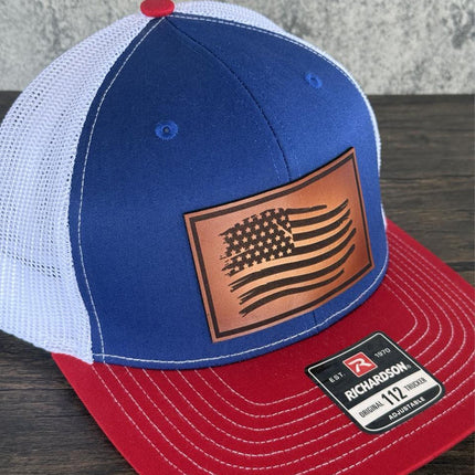 American Flag Hat, Distressed Flag Leather Patch, Richardson 112 Trucker Cap, Patriotic Hat for Men, USA Trucker Hat - Patch Palooza