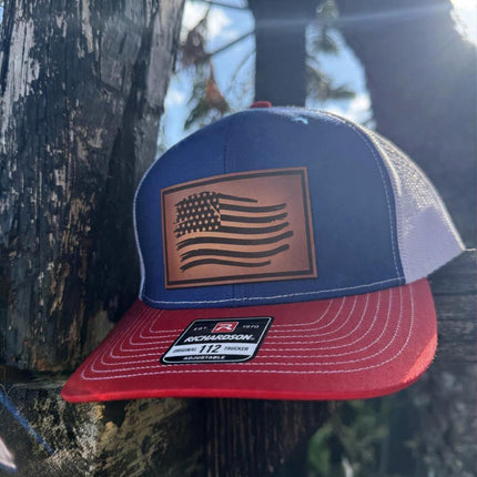 American Flag Hat, Distressed Flag Leather Patch, Richardson 112 Trucker Cap, Patriotic Hat for Men, USA Trucker Hat - Patch Palooza
