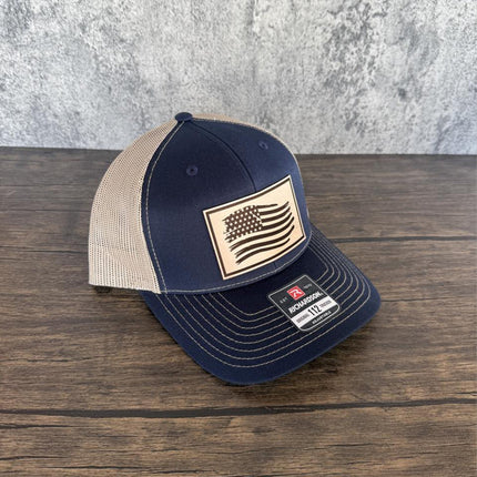 American Flag Hat, Distressed Flag Leather Patch, Richardson 112 Trucker Cap, Patriotic Hat for Men, USA Trucker Hat - Patch Palooza