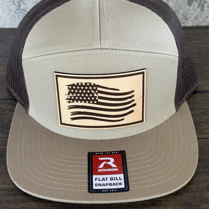American Flag Hat, Distressed Flag Leather Patch, Richardson 168 Flat Bill Snapback, Patriotic Hat for Men, USA Trucker Hat - Patch Palooza