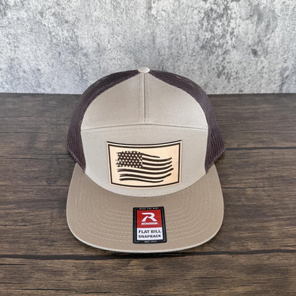 American Flag Hat, Distressed Flag Leather Patch, Richardson 168 Flat Bill Snapback, Patriotic Hat for Men, USA Trucker Hat - Patch Palooza