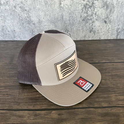 American Flag Hat, Distressed Flag Leather Patch, Richardson 168 Flat Bill Snapback, Patriotic Hat for Men, USA Trucker Hat - Patch Palooza