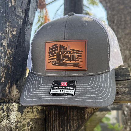 American Trucker Hat, Leather Patch Hat, Richardson 112 Cap for Truck Drivers, Patriotic Hat, Gift for Truckers - Patch Palooza