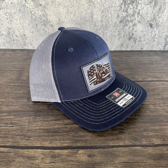 American Trucker Hat, Leather Patch Hat, Richardson 112 Cap for Truck Drivers, Patriotic Hat, Gift for Truckers - Patch Palooza