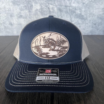 Front view of Richardson 112 hat with engraved bass fishing leather patch
