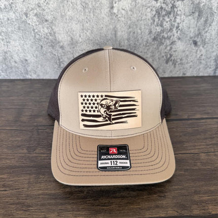 Bass Flag Hat, Leather Patch Fishing Hat, Richardson 112 Trucker Cap, Patriotic Fisherman Gift, USA Bass Hat - Patch Palooza