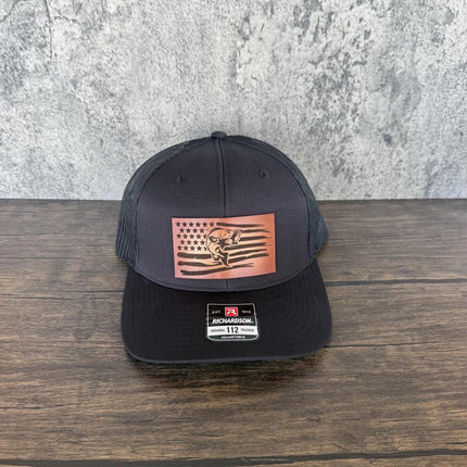 Bass Flag Hat, Leather Patch Fishing Hat, Richardson 112 Trucker Cap, Patriotic Fisherman Gift, USA Bass Hat - Patch Palooza
