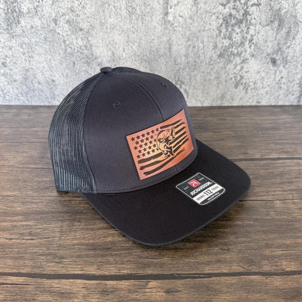 Bass Flag Hat, Leather Patch Fishing Hat, Richardson 112 Trucker Cap, Patriotic Fisherman Gift, USA Bass Hat - Patch Palooza