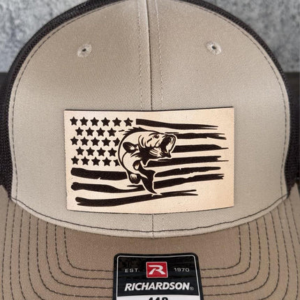 Bass Flag Hat, Leather Patch Fishing Hat, Richardson 112 Trucker Cap, Patriotic Fisherman Gift, USA Bass Hat - Patch Palooza
