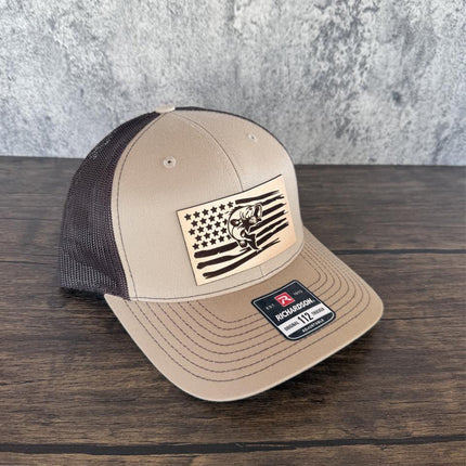Bass Flag Hat, Leather Patch Fishing Hat, Richardson 112 Trucker Cap, Patriotic Fisherman Gift, USA Bass Hat - Patch Palooza