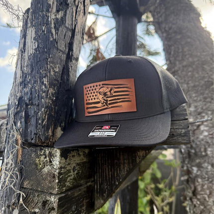 Bass Flag Hat, Leather Patch Fishing Hat, Richardson 112 Trucker Cap, Patriotic Fisherman Gift, USA Bass Hat - Patch Palooza