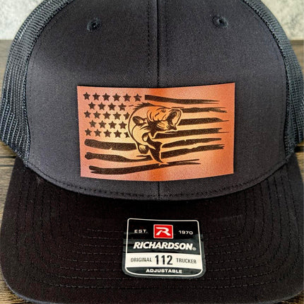 Bass Flag Hat, Leather Patch Fishing Hat, Richardson 112 Trucker Cap, Patriotic Fisherman Gift, USA Bass Hat - Patch Palooza