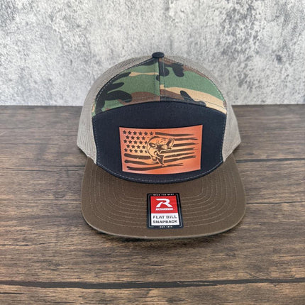 Bass Flag Hat, Leather Patch Fishing Hat, Richardson 168 Flat Bill Snapback, Patriotic Fisherman Gift, USA Bass Hat - Patch Palooza