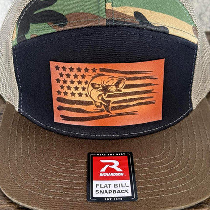 Bass Flag Hat, Leather Patch Fishing Hat, Richardson 168 Flat Bill Snapback, Patriotic Fisherman Gift, USA Bass Hat - Patch Palooza