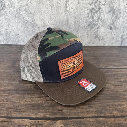 Bass Flag Hat, Leather Patch Fishing Hat, Richardson 168 Flat Bill Snapback, Patriotic Fisherman Gift, USA Bass Hat - Patch Palooza