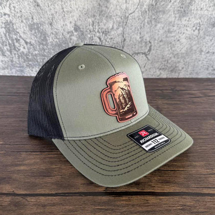 Beer Mug Mountain Patch Hat – Richardson 112 Trucker Cap – Leather Patch Beer & Outdoors Hat - Patch Palooza