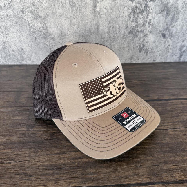 Deer Flag Hat, Leather Patch Hunting Hat, Richardson 112 Trucker Cap, Patriotic Outdoorsman Gift, USA Deer Hat - Patch Palooza