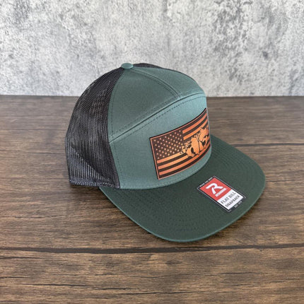 Deer Flag Hat, Leather Patch Hunting Hat, Richardson 168 Flat Bill Snapback, Patriotic Outdoorsman Gift, USA Deer Hat - Patch Palooza