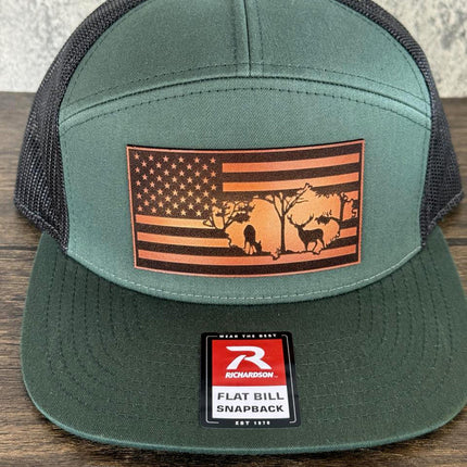Deer Flag Hat, Leather Patch Hunting Hat, Richardson 168 Flat Bill Snapback, Patriotic Outdoorsman Gift, USA Deer Hat - Patch Palooza