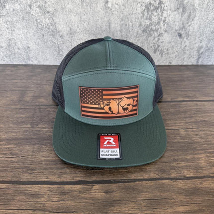 Deer Flag Hat, Leather Patch Hunting Hat, Richardson 168 Flat Bill Snapback, Patriotic Outdoorsman Gift, USA Deer Hat - Patch Palooza