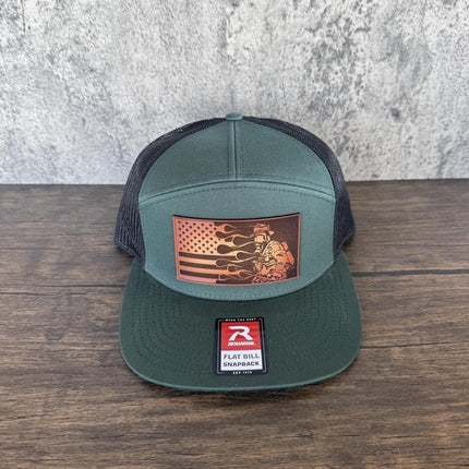 Firefighter Flag Hat, Leather Patch Hat, Richardson 168 Flat Bill Snapback, Fireman Gift, Patriotic Trucker Hat - Patch Palooza