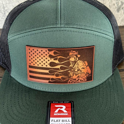 Firefighter Flag Hat, Leather Patch Hat, Richardson 168 Flat Bill Snapback, Fireman Gift, Patriotic Trucker Hat - Patch Palooza