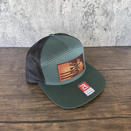 Firefighter Flag Hat, Leather Patch Hat, Richardson 168 Flat Bill Snapback, Fireman Gift, Patriotic Trucker Hat - Patch Palooza