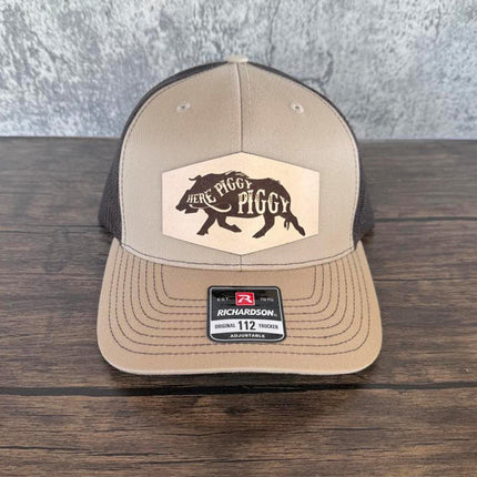 Here Piggy Piggy Hat – Richardson 112 Trucker Cap – Leather Patch Wild Boar Hunting Hat - Patch Palooza
