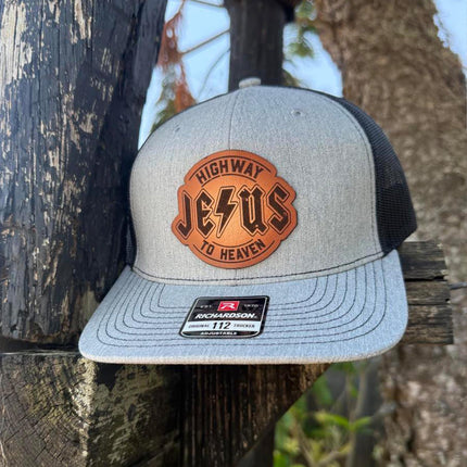 Highway to Heaven Hat – Richardson 112 Trucker Cap – Leather Patch Jesus Design - Patch Palooza