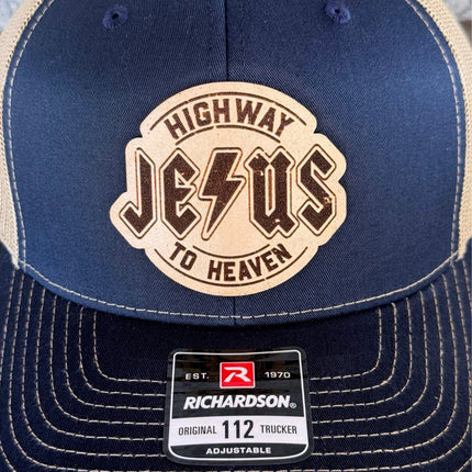 Highway to Heaven Hat – Richardson 112 Trucker Cap – Leather Patch Jesus Design - Patch Palooza