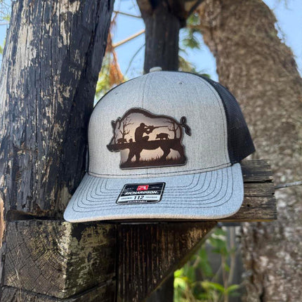 Hog Hunting Hat – Richardson 112 Trucker Cap – Leather Patch Wild Boar Hunting Scene - Patch Palooza