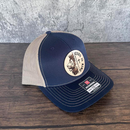 Jesus Is King Hat – Richardson 112 Trucker Cap – Leather Patch Lion & Scripture Design - Patch Palooza