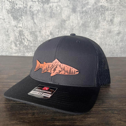 Leather Patch Mountain Fish Hat - Outdoor Hat, Gift for Him, Richardson 112 - patchpalooza
