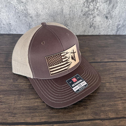 Lineman Flag Hat, Leather Patch Hat, Richardson 112 Trucker Cap, American Flag Hat, Utility Worker Gift - Patch Palooza