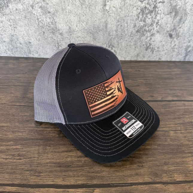 Lineman Flag Hat, Leather Patch Hat, Richardson 112 Trucker Cap, American Flag Hat, Utility Worker Gift - Patch Palooza