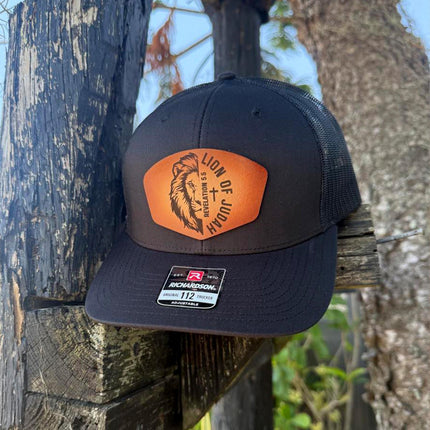 Lion of Judah Hat – Richardson 112 Trucker Cap – Leather Patch Christian Lion Design - Patch Palooza