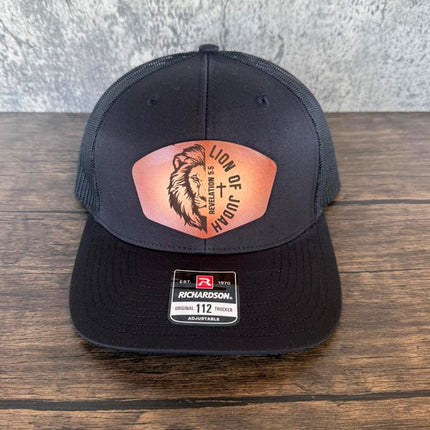 Lion of Judah Hat – Richardson 112 Trucker Cap – Leather Patch Christian Lion Design - Patch Palooza