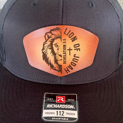 Lion of Judah Hat – Richardson 112 Trucker Cap – Leather Patch Christian Lion Design - Patch Palooza