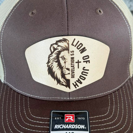 Lion of Judah Hat – Richardson 112 Trucker Cap – Leather Patch Christian Lion Design - Patch Palooza