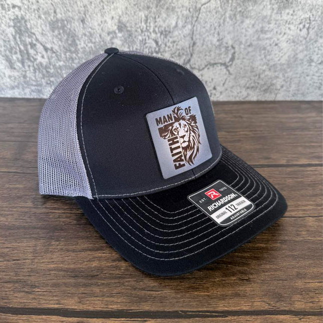 Man of Faith Hat – Richardson 112 Trucker Cap – Leather Patch Lion & Cross Design - Patch Palooza