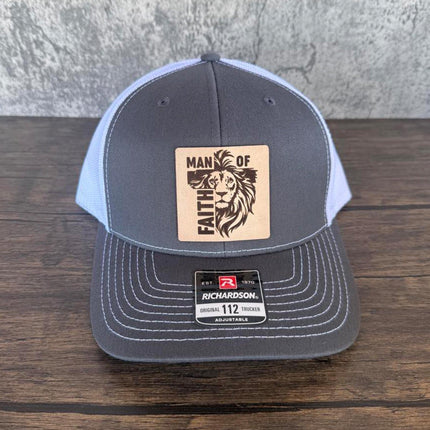 Man of Faith Hat – Richardson 112 Trucker Cap – Leather Patch Lion & Cross Design - Patch Palooza