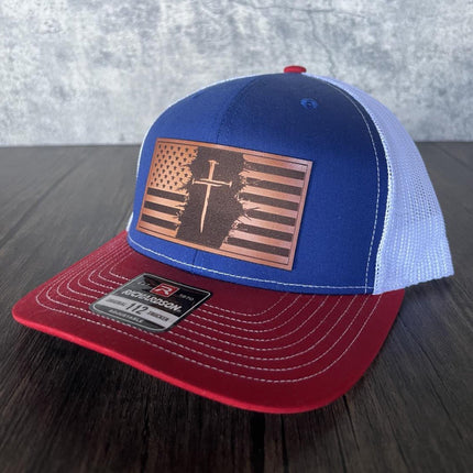 Patriotic Christian Flag Cross Hat - Richardson 112, Patriotic Hat, Christian Hat - patchpalooza