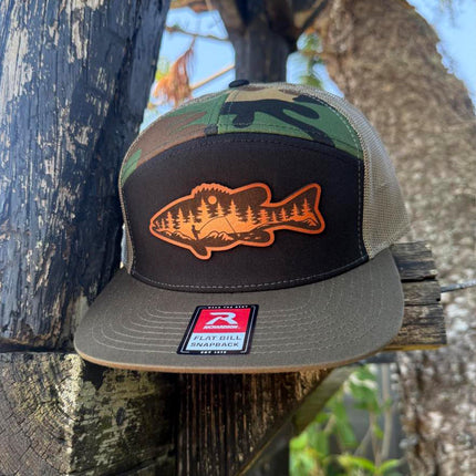 River Scene Fish Hat – Richardson 168 Snapback – Leather Patch Fishing Silhouette Cap - Patch Palooza