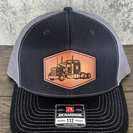 Semi Truck Hat, Leather Patch Trucker Hat, Richardson 112 Cap for Drivers, Big Rig Hat, Gift for Truckers - Patch Palooza