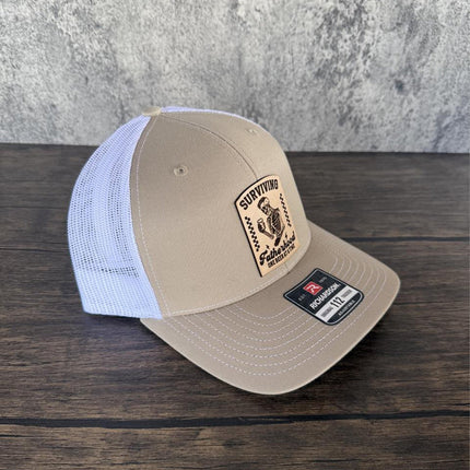 Surviving Fatherhood Hat, Leather Patch Dad Hat, Richardson 112 Trucker Cap, Funny Beer Dad Gift, Father's Day Hat - Patch Palooza