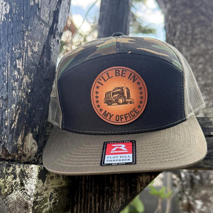Trucker Hat I'll Be in My Office, Leather Patch Hat, Richardson 168 Flat Bill Snapback, Semi Truck Hat, Gift for Truck Drivers - Patch Palooza