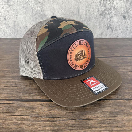 Trucker Hat I'll Be in My Office, Leather Patch Hat, Richardson 168 Flat Bill Snapback, Semi Truck Hat, Gift for Truck Drivers - Patch Palooza